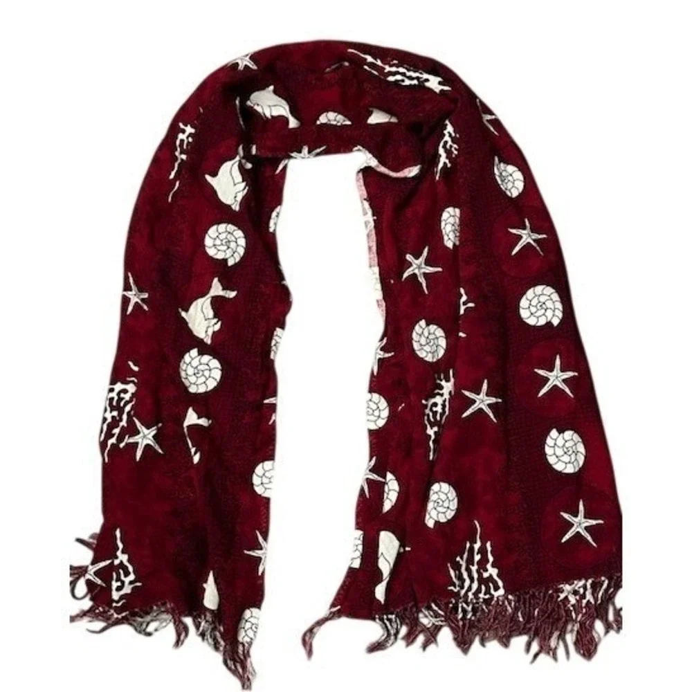 VTG Handmade Nautical Shell Starfish Dolphin Print Scarf Sarong Red Coastal Wrap